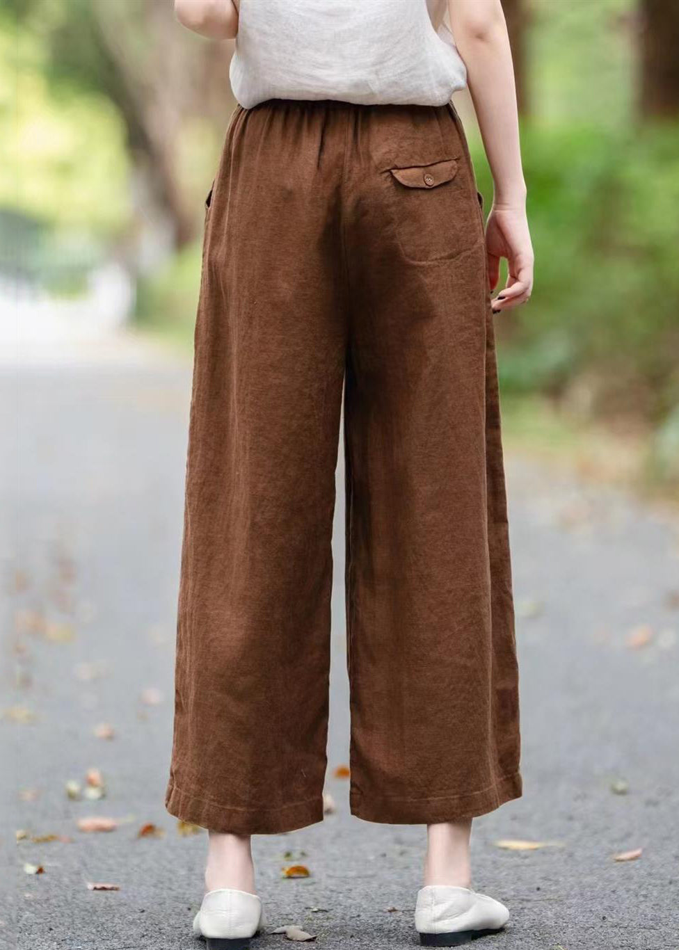 Loose Coffee Pockets Linen Wide Leg Pants Summer