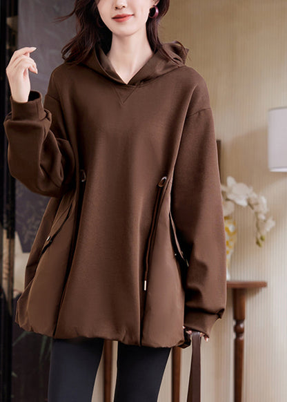 Loose Coffee Pockets Patchwork Drawstring Sweatshirt Fall