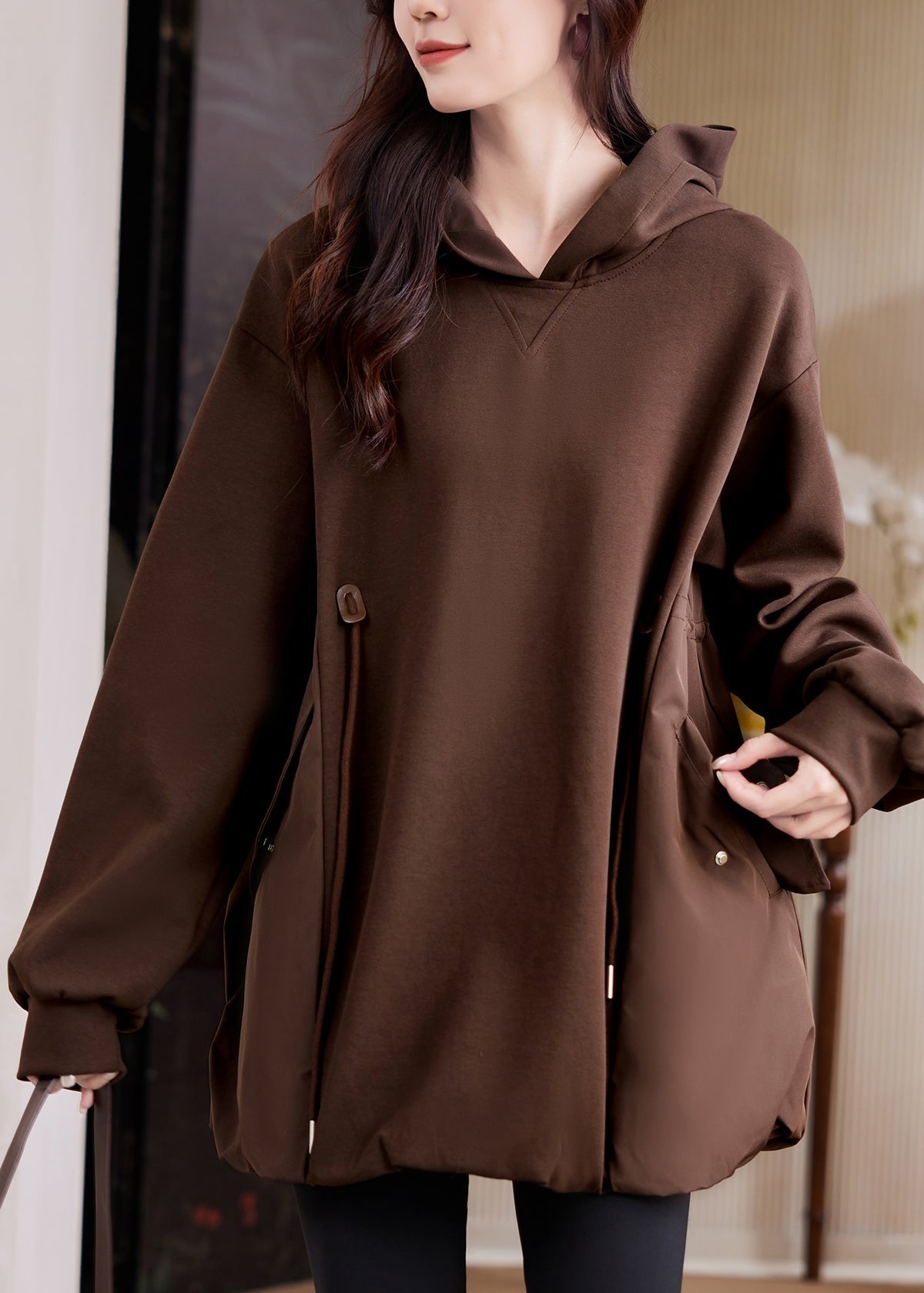 Loose Coffee Pockets Patchwork Drawstring Sweatshirt Fall
