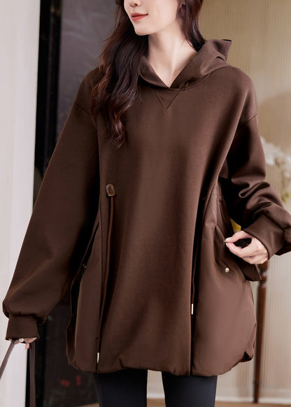 Loose Coffee Pockets Patchwork Drawstring Sweatshirt Fall