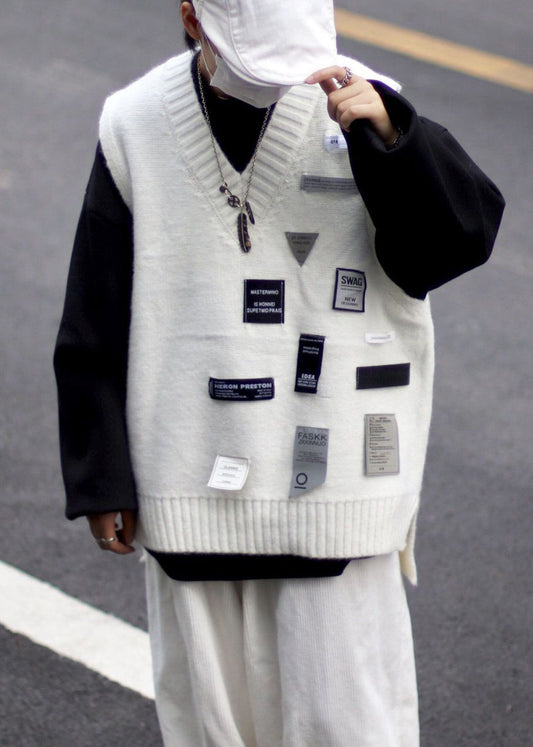 Loose Coffee V Neck Applique Cozy Knit Men Vest Spring
