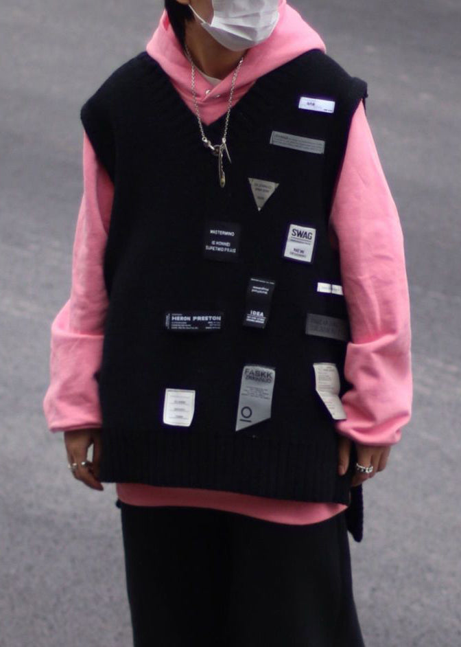 Loose Coffee V Neck Applique Cozy Knit Men Vest Spring