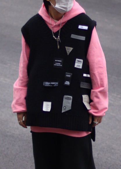 Loose Coffee V Neck Applique Cozy Knit Men Vest Spring