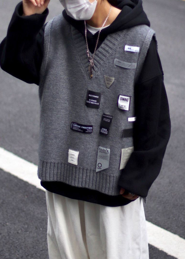 Loose Coffee V Neck Applique Cozy Knit Men Vest Spring