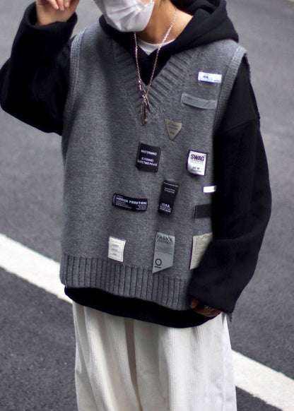 Loose Coffee V Neck Applique Cozy Knit Men Vest Spring