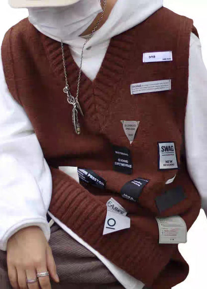 Loose Coffee V Neck Applique Cozy Knit Men Vest Spring