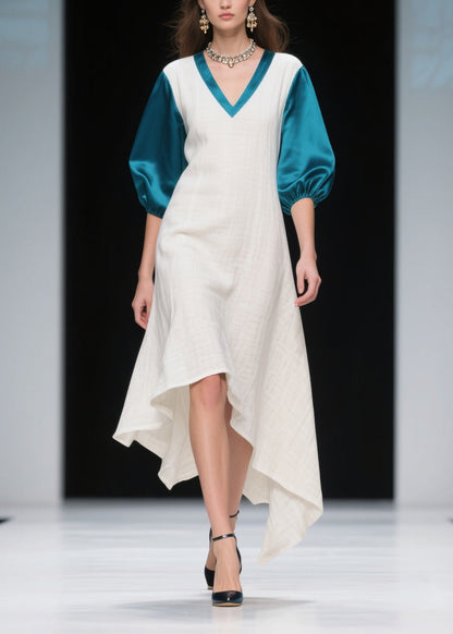 Loose Colorblock Asymmetrical Patchwork Linen Silk Dress Summer