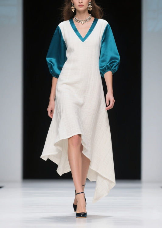 Loose Colorblock Asymmetrical Patchwork Linen Silk Dress Summer