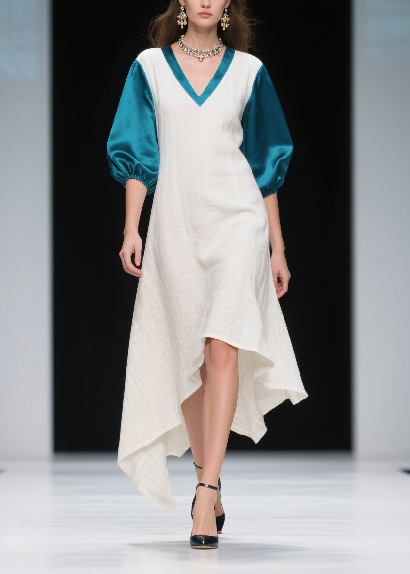 Loose Colorblock Asymmetrical Patchwork Linen Silk Dress Summer