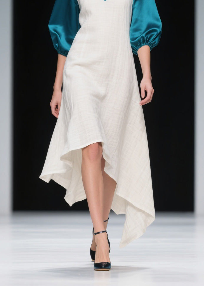 Loose Colorblock Asymmetrical Patchwork Linen Silk Dress Summer