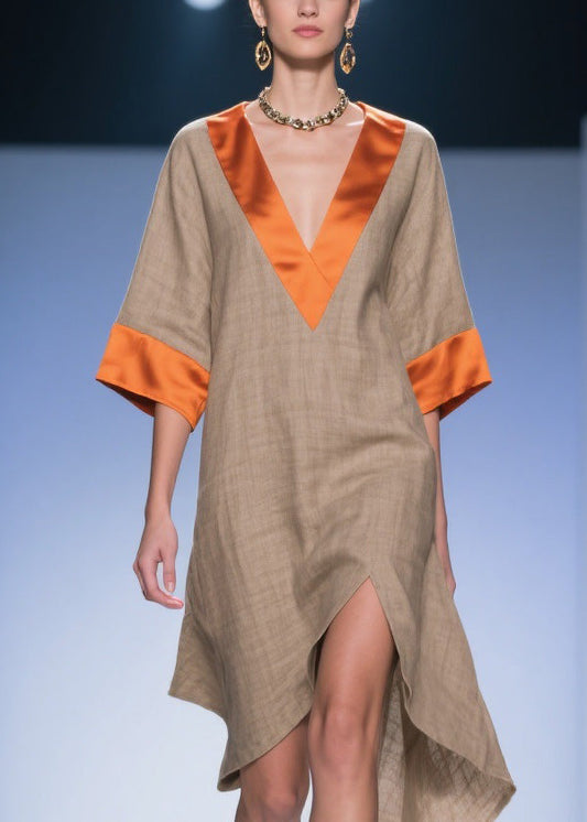 Loose Colorblock Asymmetrical Patchwork Linen Silk Dresses Summer