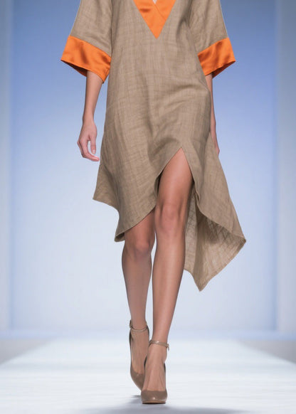 Loose Colorblock Asymmetrical Patchwork Linen Silk Dresses Summer