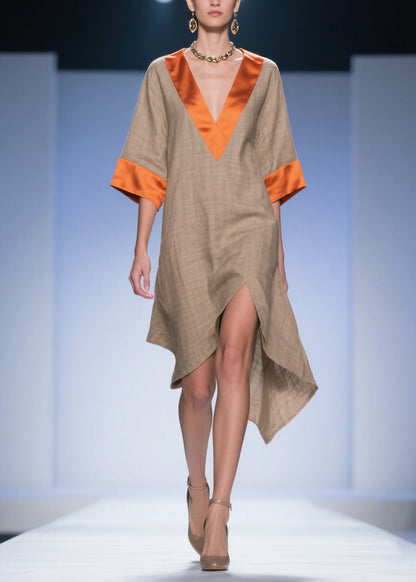 Loose Colorblock Asymmetrical Patchwork Linen Silk Dresses Summer