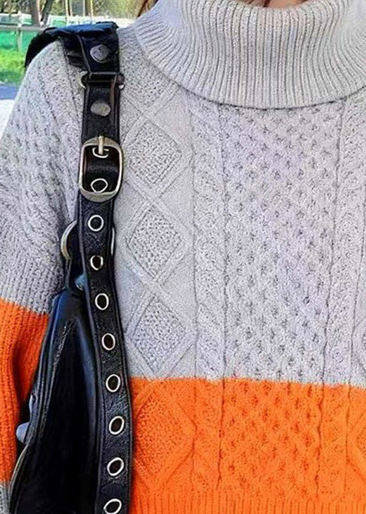 Loose Colorblock Hign Neck Thick Knit Sweater Spring