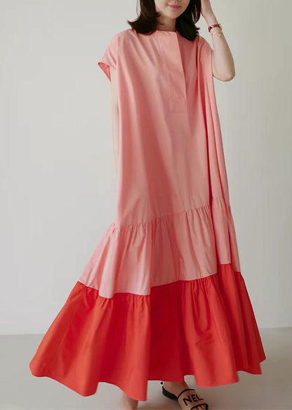 Loose Colorblock Patchwork Ruffled Cotton Long Dresses Summer