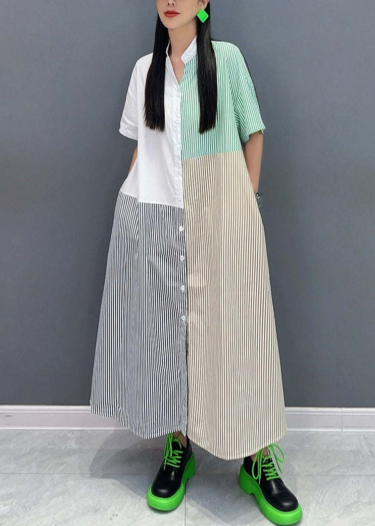 Loose Colorblock Striped Stand Collar Button Maxi Dress Summer
