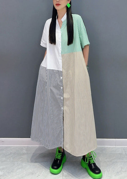 Loose Colorblock Striped Stand Collar Button Maxi Dress Summer
