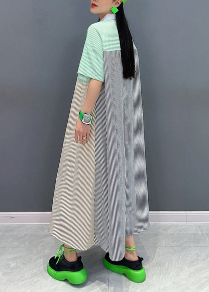 Loose Colorblock Striped Stand Collar Button Maxi Dress Summer