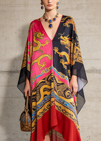 Loose Colorblock V Neck Asymmetrical Design Print Chiffon Dresses Summer