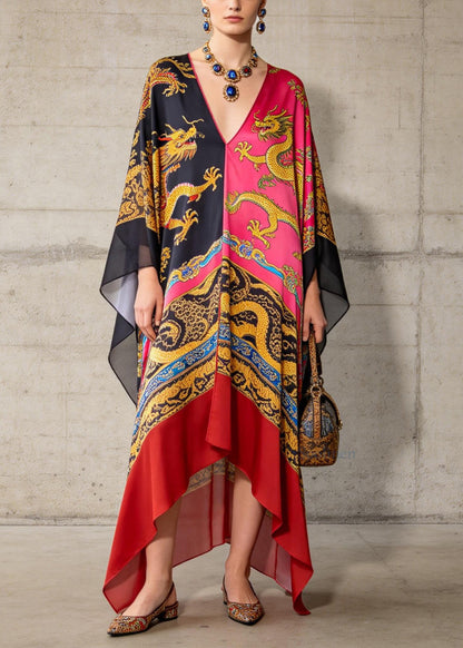 Loose Colorblock V Neck Asymmetrical Design Print Chiffon Dresses Summer