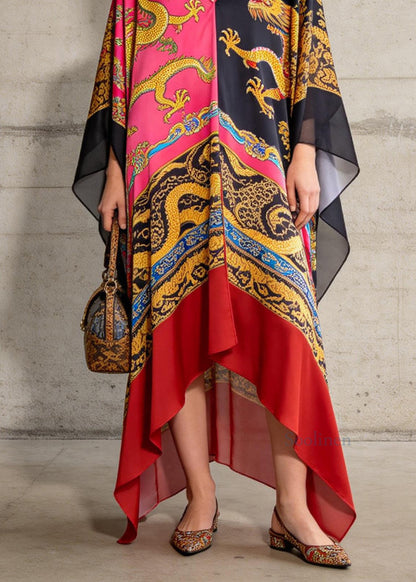 Loose Colorblock V Neck Asymmetrical Design Print Chiffon Dresses Summer