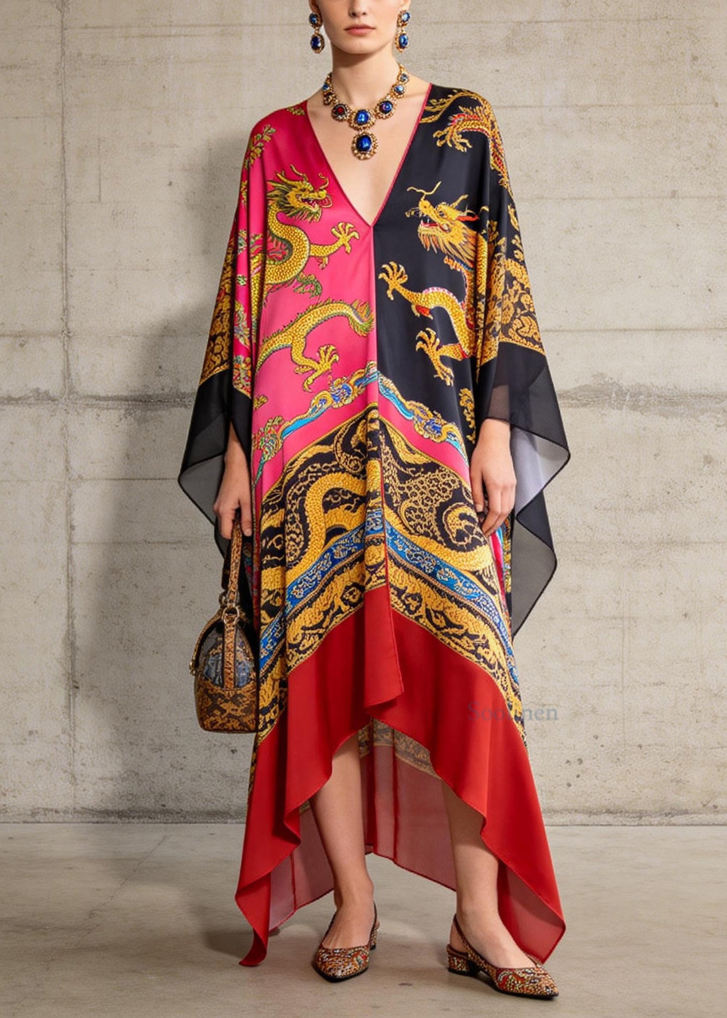 Loose Colorblock V Neck Asymmetrical Design Print Chiffon Dresses Summer