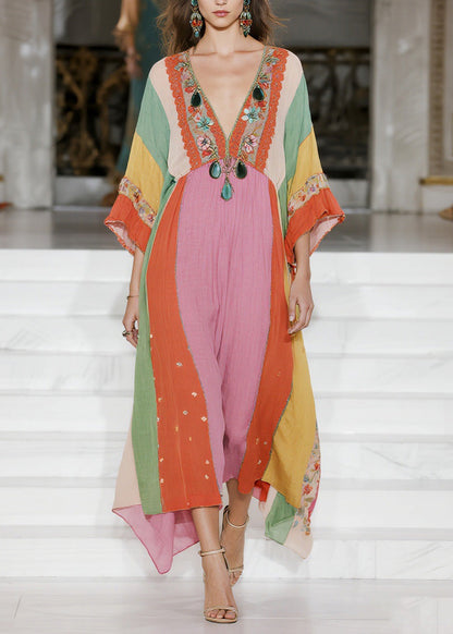 Loose Colorblock V Neck Floral Cotton Dress Summer