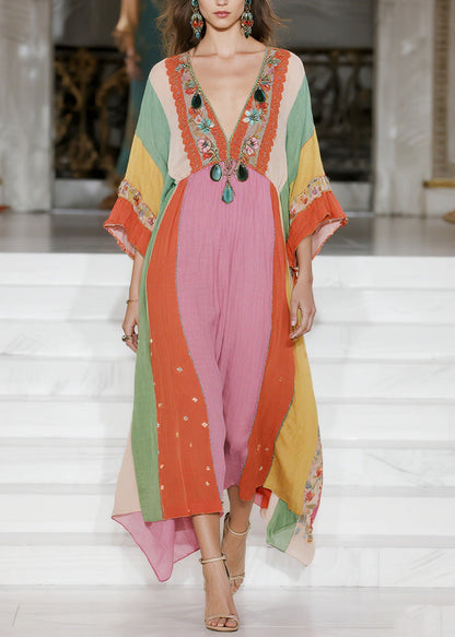 Loose Colorblock V Neck Floral Cotton Dress Summer