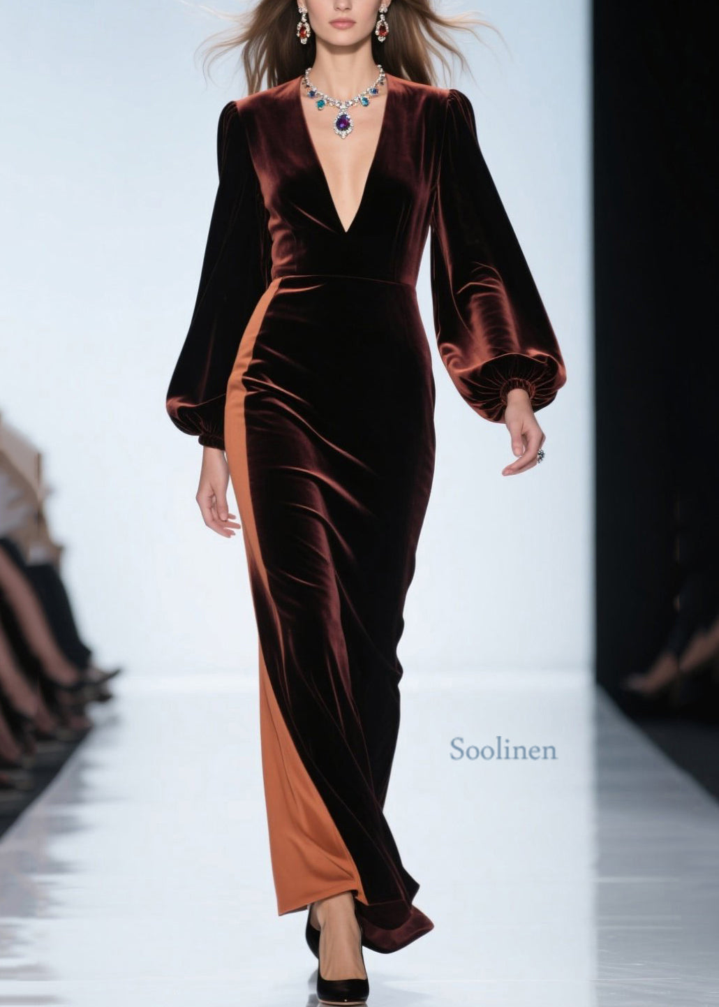 Vestido holgado de terciopelo con cuello en V y patchwork en bloques de color para primavera