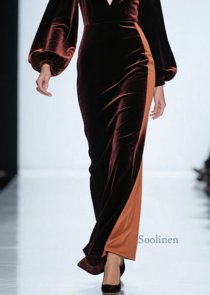 Vestido holgado de terciopelo con cuello en V y patchwork en bloques de color para primavera