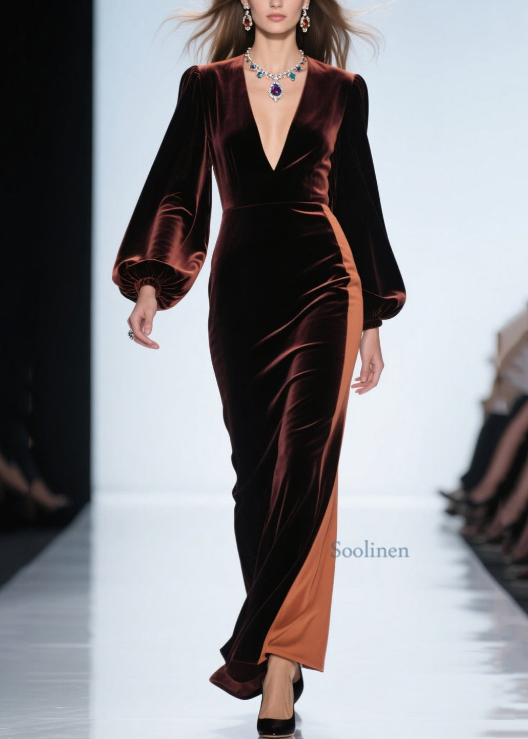 Vestido holgado de terciopelo con cuello en V y patchwork en bloques de color para primavera