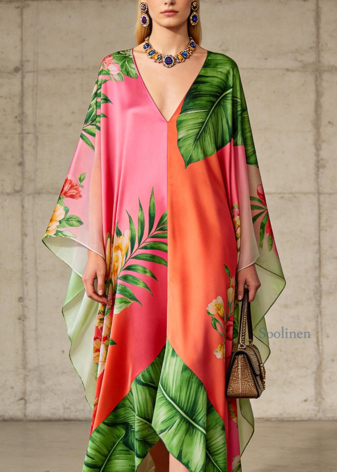 Loose Colorblock V Neck Print Chiffon Long Dresses Summer