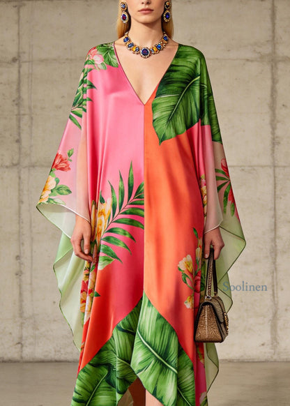 Loose Colorblock V Neck Print Chiffon Long Dresses Summer