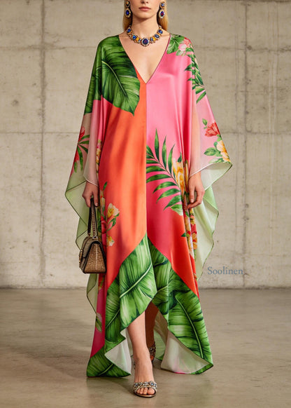 Loose Colorblock V Neck Print Chiffon Long Dresses Summer