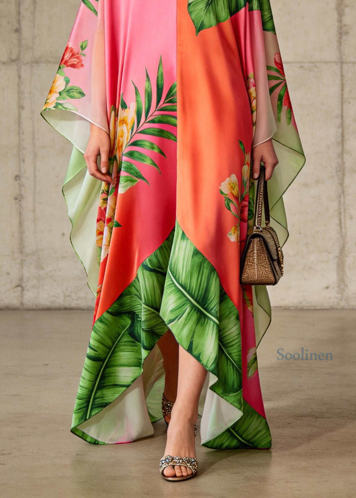 Loose Colorblock V Neck Print Chiffon Long Dresses Summer