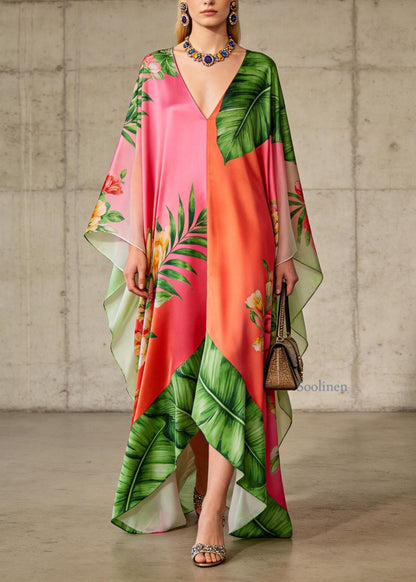 Loose Colorblock V Neck Print Chiffon Long Dresses Summer