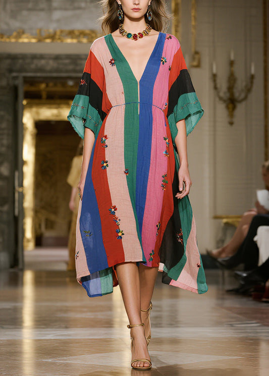 Loose Colorblock V Neck Print Cotton Dress Summer