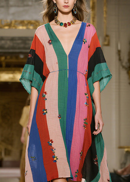 Loose Colorblock V Neck Print Cotton Dress Summer