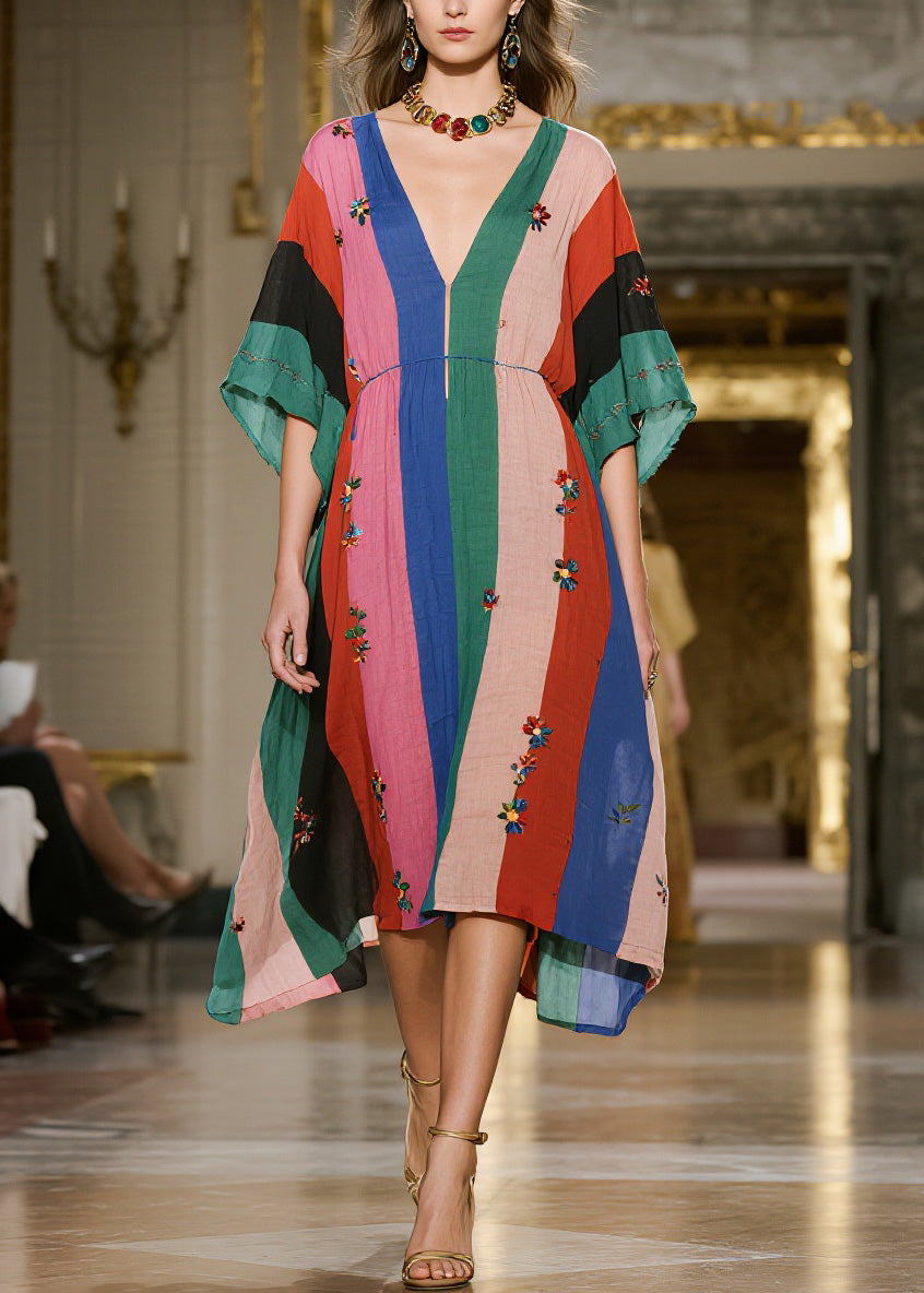 Loose Colorblock V Neck Print Cotton Dress Summer