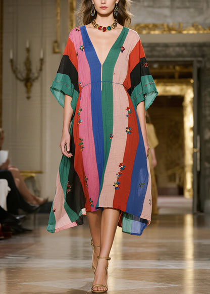 Loose Colorblock V Neck Print Cotton Dress Summer