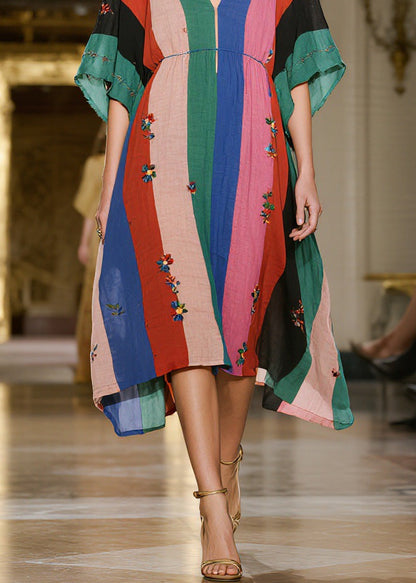 Loose Colorblock V Neck Print Cotton Dress Summer