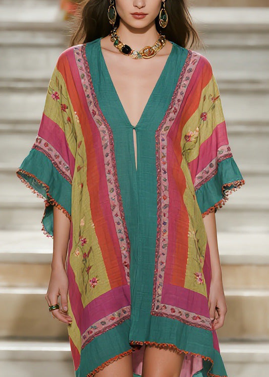 Loose Colorblock V Neck Print Cotton Mid Dress Summer