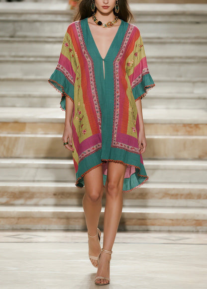 Loose Colorblock V Neck Print Cotton Mid Dress Summer