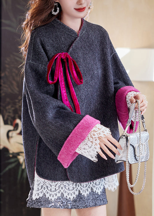Loose Dark Gray Lace Up Button Side Open Woolen Coats Spring