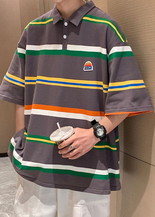 Loose Dark Gray Striped Button Cotton Polo Shirts Half Sleeve