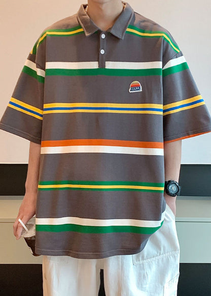 Loose Dark Gray Striped Button Cotton Polo Shirts Half Sleeve