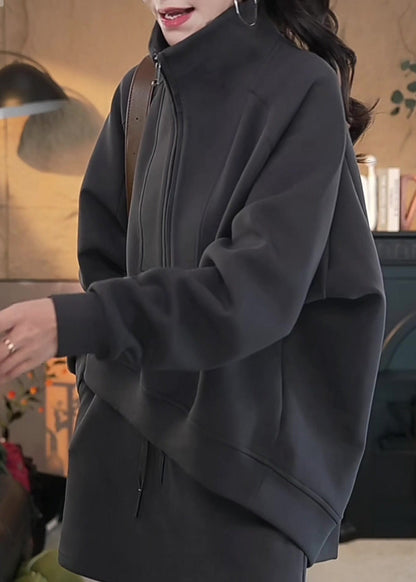 Locker sitzendes, dunkelgraues Baumwoll-Zweiteiler-Set mit Reißverschluss: Sweatshirt und Rock