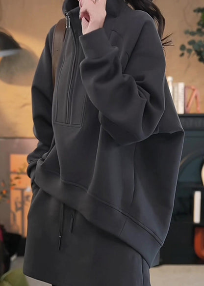 Locker sitzendes, dunkelgraues Baumwoll-Zweiteiler-Set mit Reißverschluss: Sweatshirt und Rock