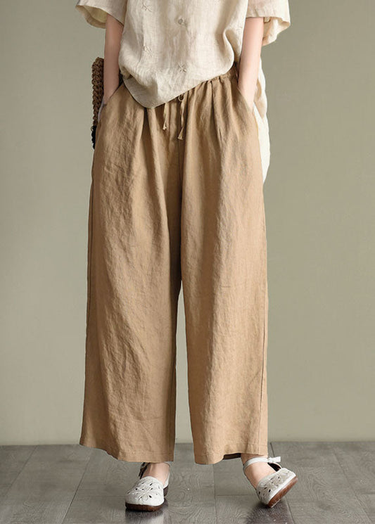 Lose Dunkel Khaki elastische Taille Kordelzug Leinen weite Beinhose Frühling