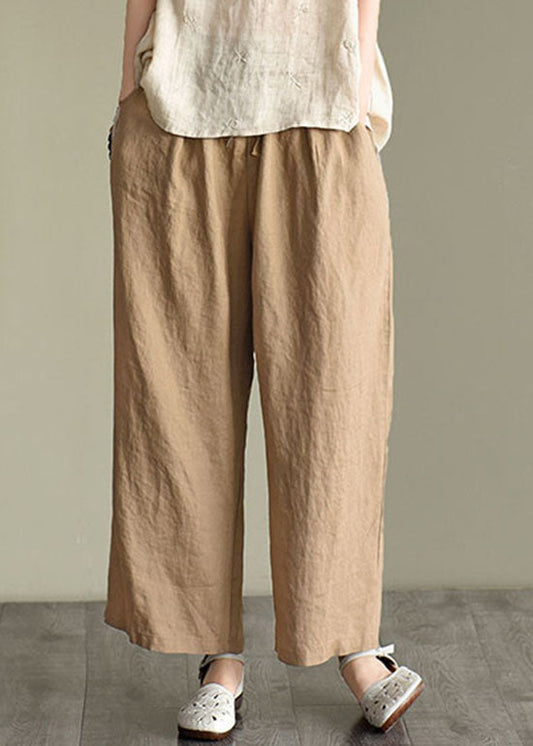 Lose Dunkel Khaki elastische Taille Kordelzug Leinen weite Beinhose Frühling